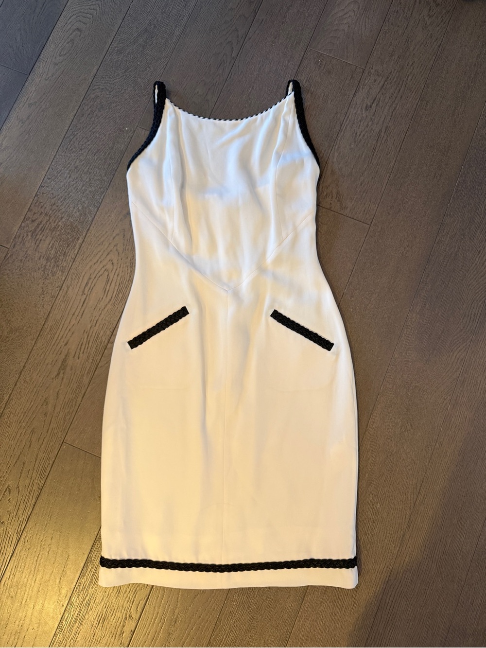 White Midi Sheath Dress with Black Trim